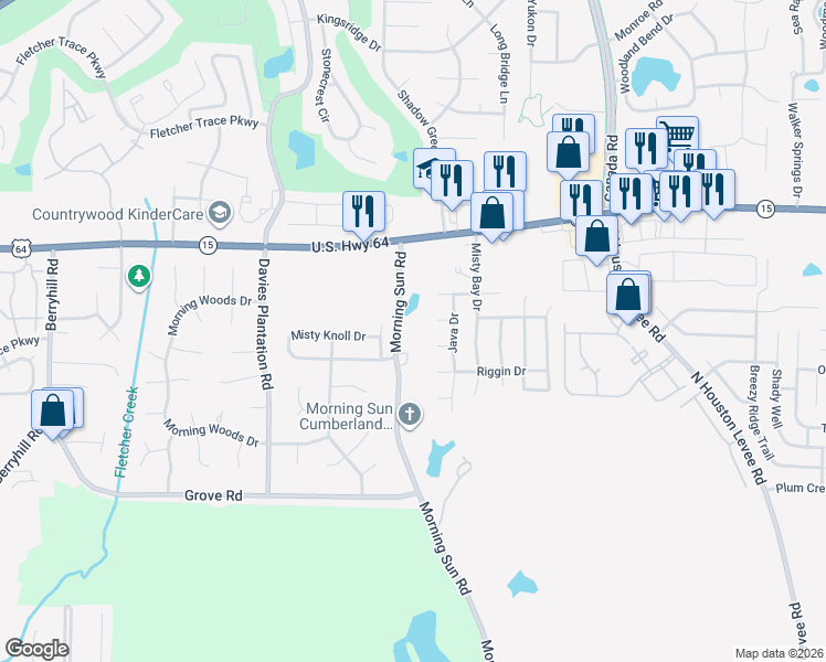 map of restaurants, bars, coffee shops, grocery stores, and more near 2812 Morning Sun Road in Memphis