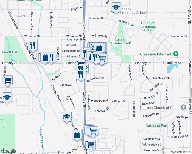 map of restaurants, bars, coffee shops, grocery stores, and more near 1307 Commerce Drive in Norman