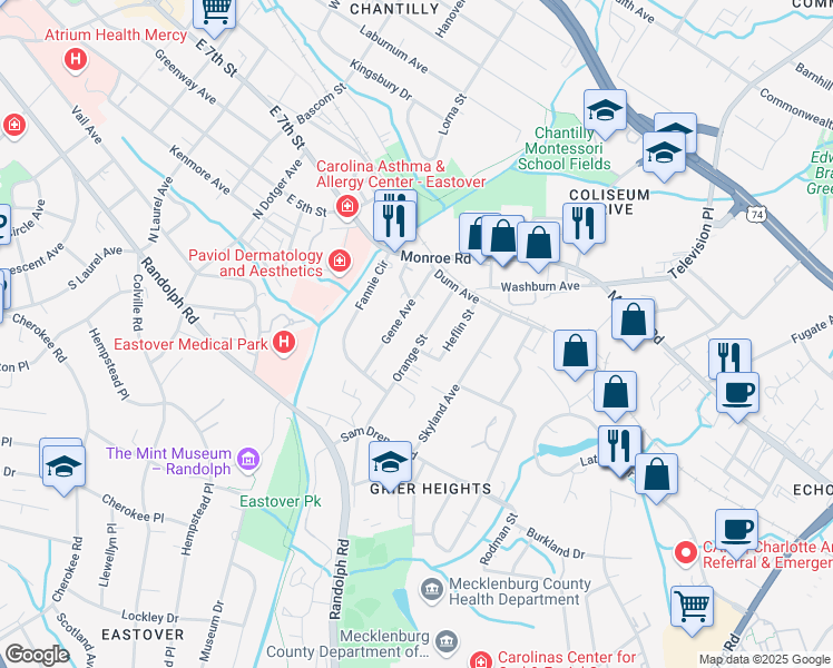 map of restaurants, bars, coffee shops, grocery stores, and more near 317 Orange Street in Charlotte