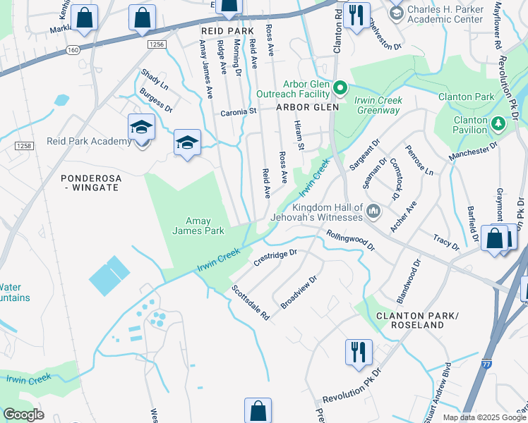 map of restaurants, bars, coffee shops, grocery stores, and more near 3424 Reid Avenue in Charlotte
