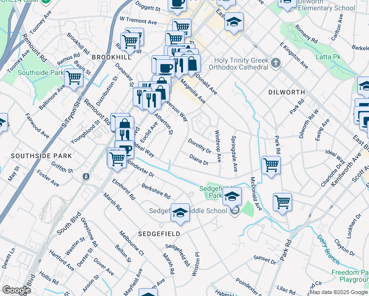 map of restaurants, bars, coffee shops, grocery stores, and more near 513 Iverson Way in Charlotte