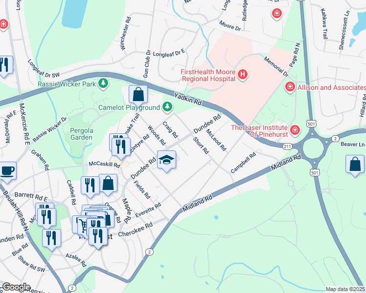 map of restaurants, bars, coffee shops, grocery stores, and more near 200 Dundee Road in Pinehurst