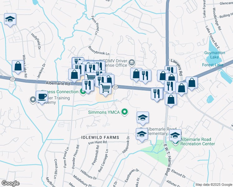 map of restaurants, bars, coffee shops, grocery stores, and more near 6605 Yateswood Drive in Charlotte