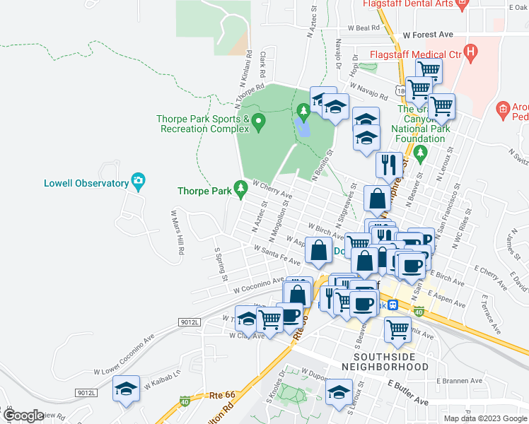 map of restaurants, bars, coffee shops, grocery stores, and more near 116 North Aztec Street in Flagstaff