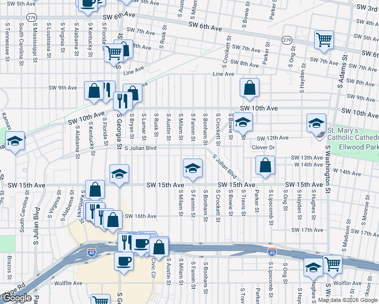 map of restaurants, bars, coffee shops, grocery stores, and more near 2001 Julian Blvd in Amarillo