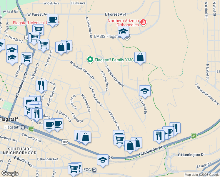 map of restaurants, bars, coffee shops, grocery stores, and more near 800 North Turquoise Drive in Flagstaff
