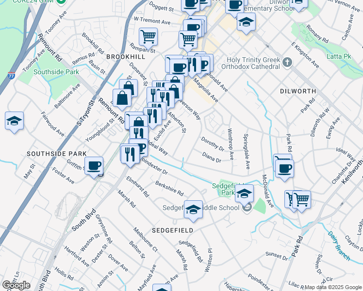 map of restaurants, bars, coffee shops, grocery stores, and more near 501 Atherton Street in Charlotte