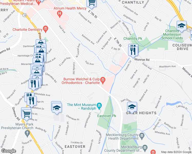 map of restaurants, bars, coffee shops, grocery stores, and more near 2518 Cranbrook Lane in Charlotte