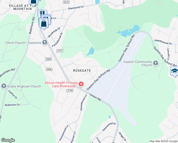 map of restaurants, bars, coffee shops, grocery stores, and more near 3717 English Garden Drive in Gastonia