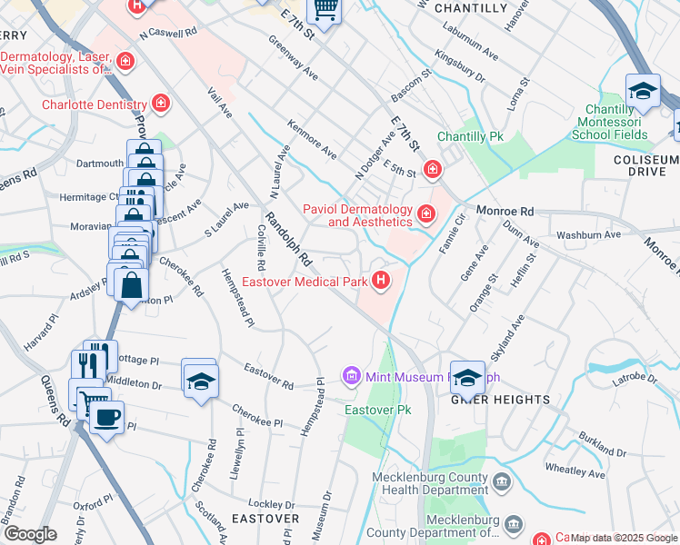map of restaurants, bars, coffee shops, grocery stores, and more near 2516 Cranbrook Lane in Charlotte
