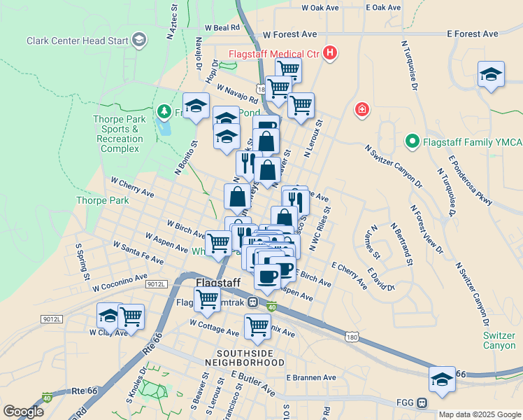 map of restaurants, bars, coffee shops, grocery stores, and more near 414 North Beaver Street in Flagstaff