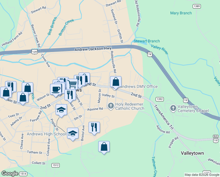 map of restaurants, bars, coffee shops, grocery stores, and more near 1410 Main Street in Andrews