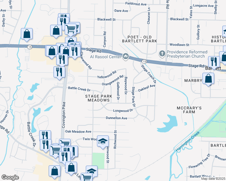 map of restaurants, bars, coffee shops, grocery stores, and more near 2804 Ravenwood Drive in Memphis