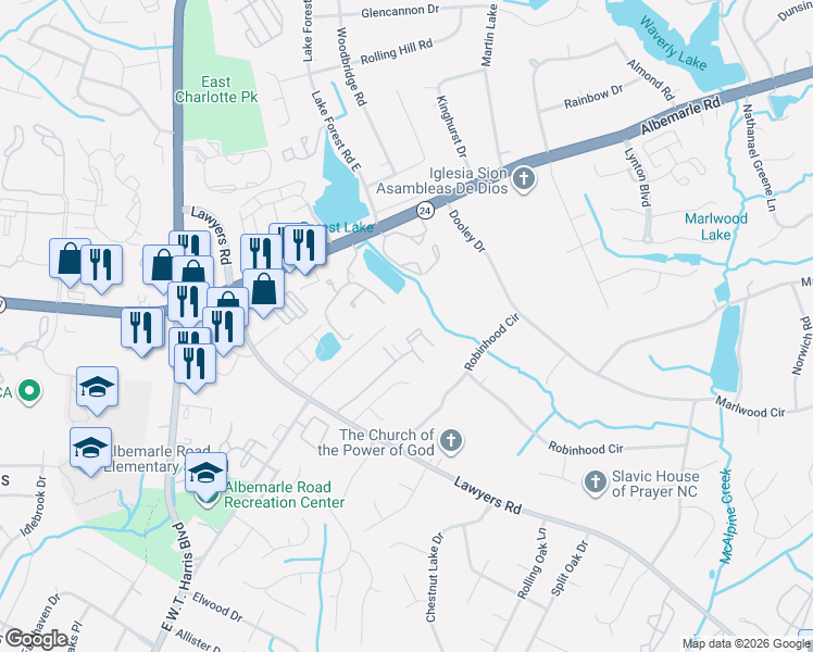 map of restaurants, bars, coffee shops, grocery stores, and more near 7165 Stonington Lane in Charlotte