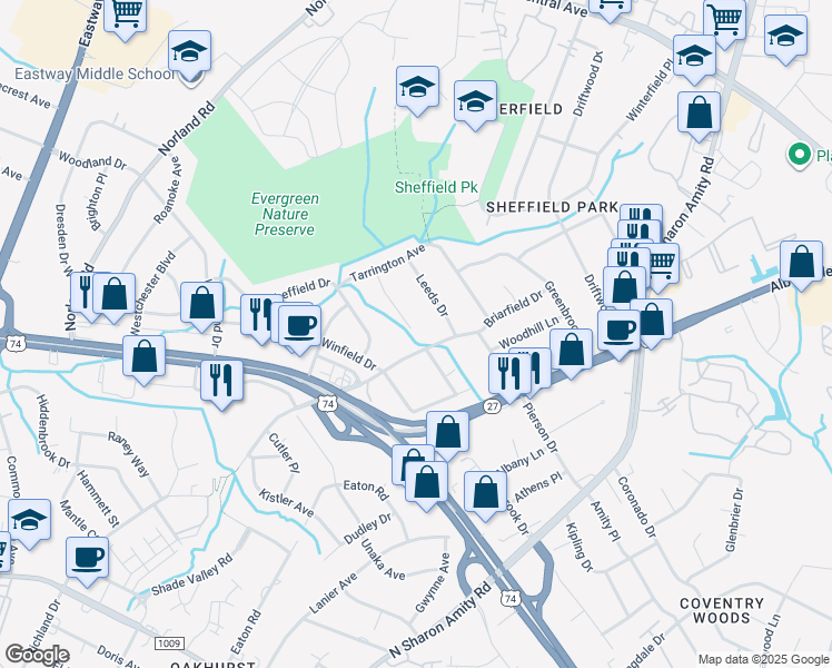 map of restaurants, bars, coffee shops, grocery stores, and more near 4069 Southgate Drive in Charlotte