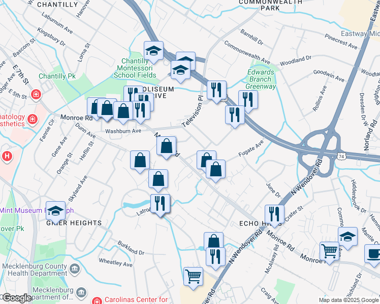 map of restaurants, bars, coffee shops, grocery stores, and more near 621 Chipley Avenue in Charlotte