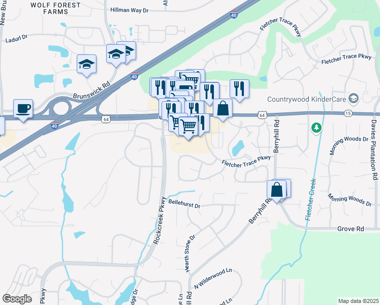 map of restaurants, bars, coffee shops, grocery stores, and more near 9034 Fletcher Park Circle North in Memphis