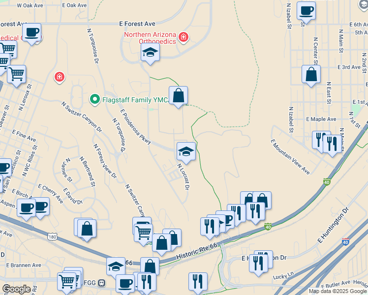 map of restaurants, bars, coffee shops, grocery stores, and more near 1201 East Ponderosa Parkway in Flagstaff