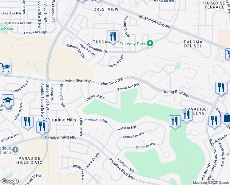 map of restaurants, bars, coffee shops, grocery stores, and more near 5200 Timan Avenue Northwest in Albuquerque