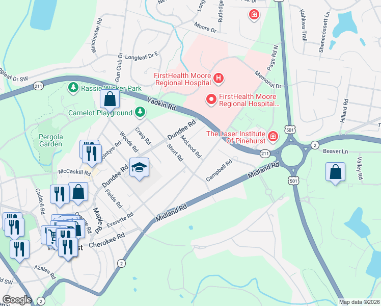 map of restaurants, bars, coffee shops, grocery stores, and more near 80 Short Road in Pinehurst