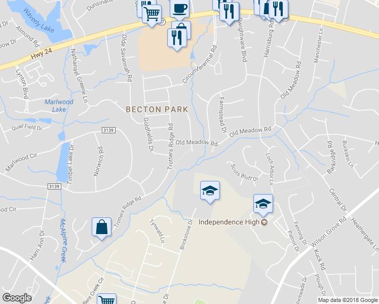 map of restaurants, bars, coffee shops, grocery stores, and more near 6209 Springbeauty Drive in Charlotte
