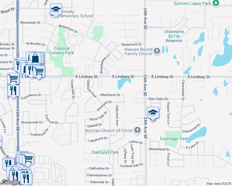map of restaurants, bars, coffee shops, grocery stores, and more near 2121 Allenhurst Street in Norman