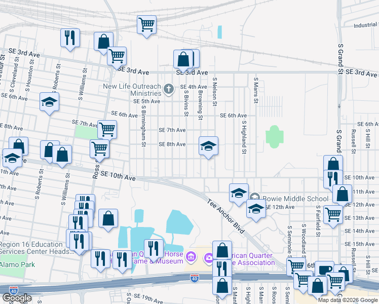 map of restaurants, bars, coffee shops, grocery stores, and more near 807 South Bivins Street in Amarillo