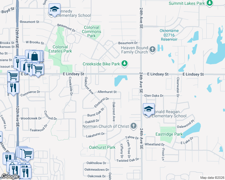 map of restaurants, bars, coffee shops, grocery stores, and more near 2115 Allenhurst Street in Norman