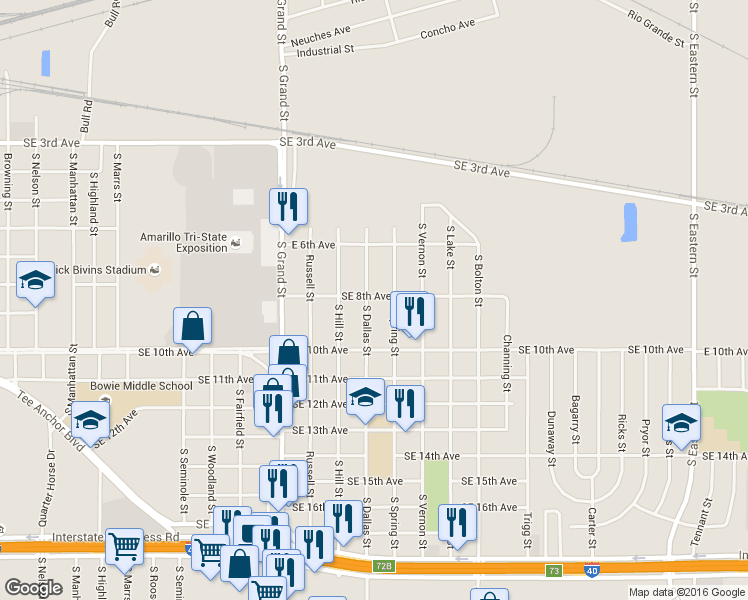 map of restaurants, bars, coffee shops, grocery stores, and more near 801 South Dallas Street in Amarillo
