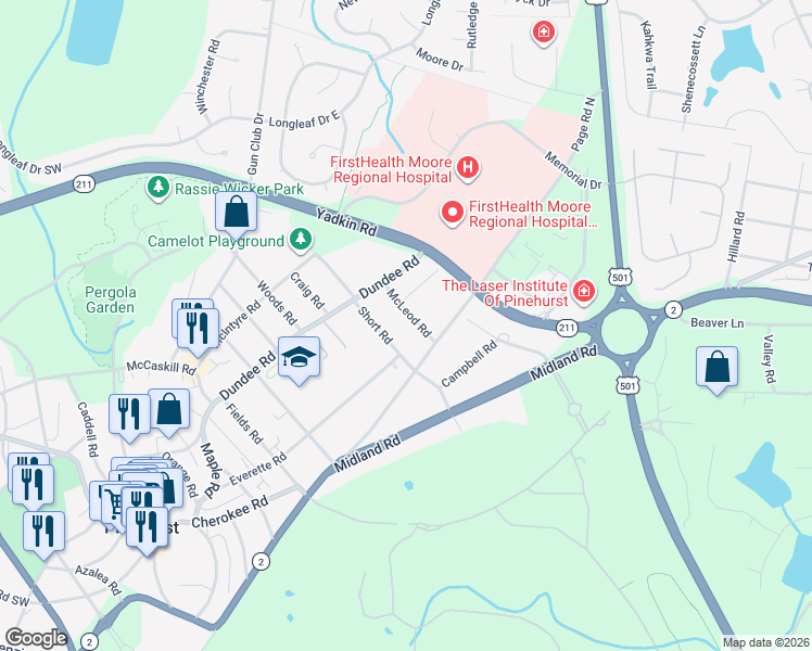 map of restaurants, bars, coffee shops, grocery stores, and more near 80 Short Road in Pinehurst