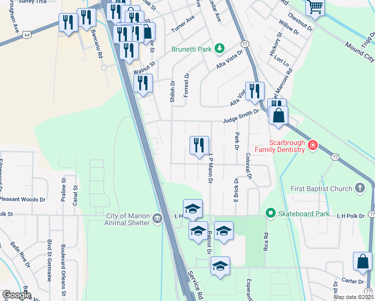 map of restaurants, bars, coffee shops, grocery stores, and more near 359 Beechwood Cove in Marion