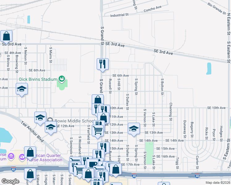 map of restaurants, bars, coffee shops, grocery stores, and more near 800 South Hill Street in Amarillo