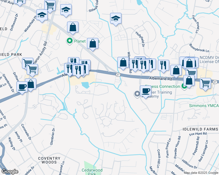 map of restaurants, bars, coffee shops, grocery stores, and more near 5821 Reddman Road in Charlotte