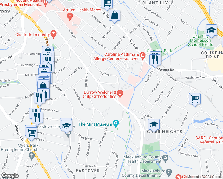 map of restaurants, bars, coffee shops, grocery stores, and more near 2516 Cranbrook Lane in Charlotte