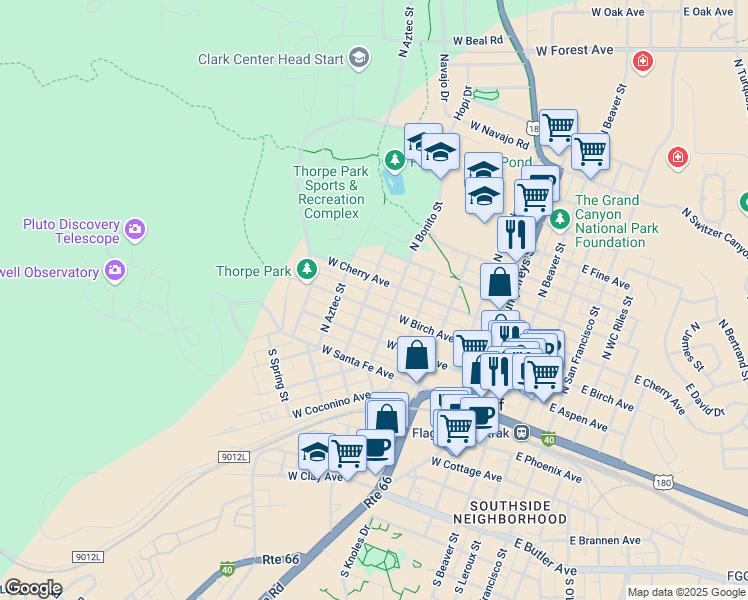 map of restaurants, bars, coffee shops, grocery stores, and more near 620 West Birch Avenue in Flagstaff