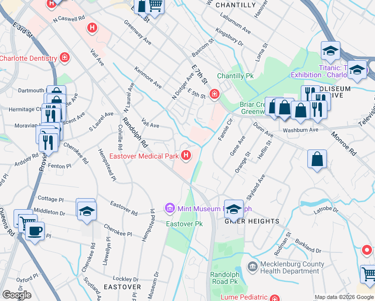 map of restaurants, bars, coffee shops, grocery stores, and more near in Charlotte