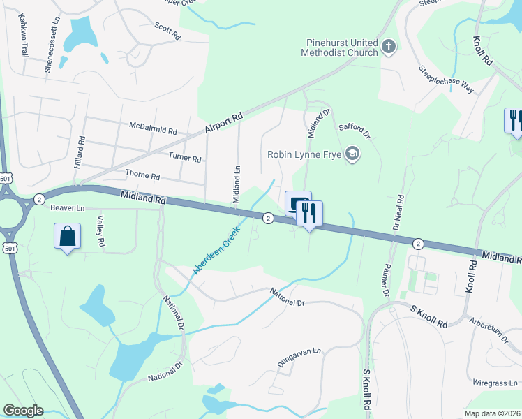 map of restaurants, bars, coffee shops, grocery stores, and more near 2219 Midland Road in Pinehurst