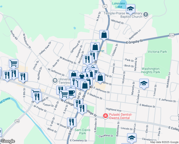 map of restaurants, bars, coffee shops, grocery stores, and more near 315 North 2nd Street in Pulaski