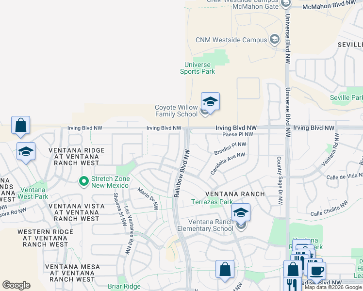 map of restaurants, bars, coffee shops, grocery stores, and more near 10504 Rosefinch Drive Northwest in Albuquerque