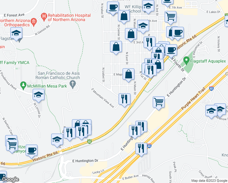 map of restaurants, bars, coffee shops, grocery stores, and more near 1806 East Arrowhead Avenue in Flagstaff