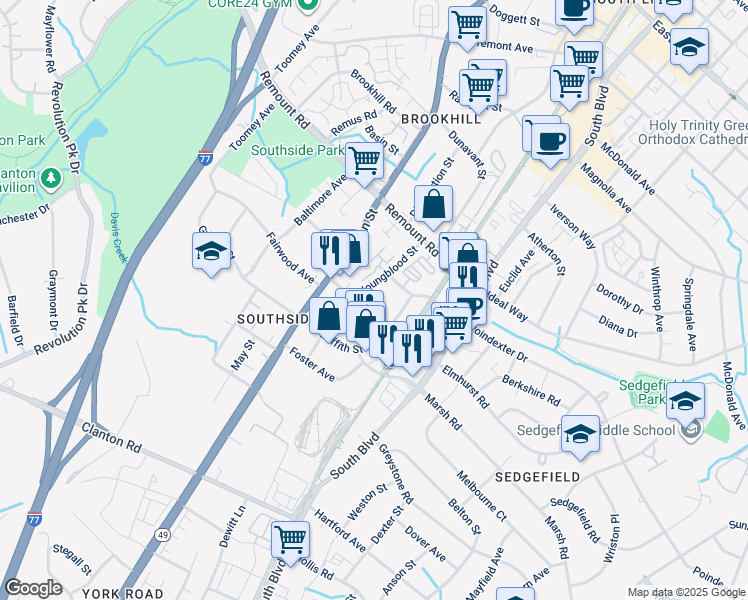 map of restaurants, bars, coffee shops, grocery stores, and more near 124 Fairwood Avenue in Charlotte
