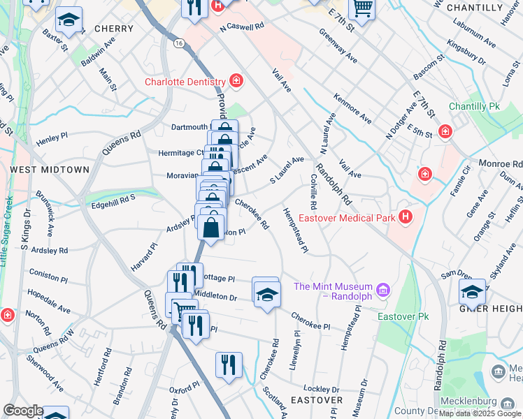 map of restaurants, bars, coffee shops, grocery stores, and more near 165 Cherokee Road in Charlotte