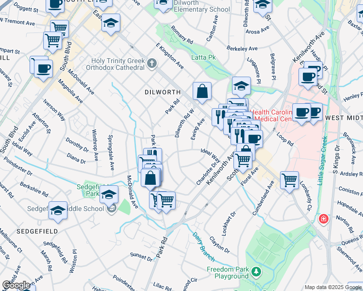 map of restaurants, bars, coffee shops, grocery stores, and more near 2027 Dilworth Rd W in Charlotte