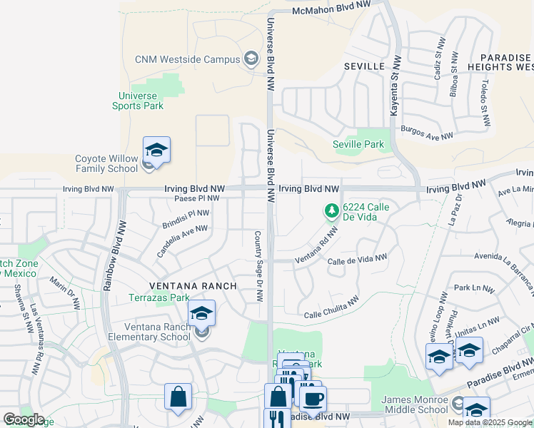 map of restaurants, bars, coffee shops, grocery stores, and more near 99999 Country Hills Court Northwest in Albuquerque