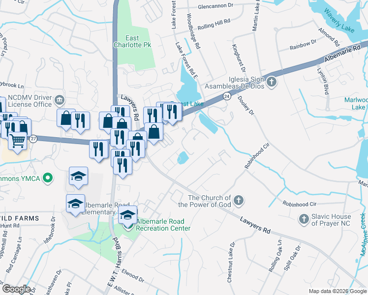 map of restaurants, bars, coffee shops, grocery stores, and more near 7173 Winery Lane in Charlotte