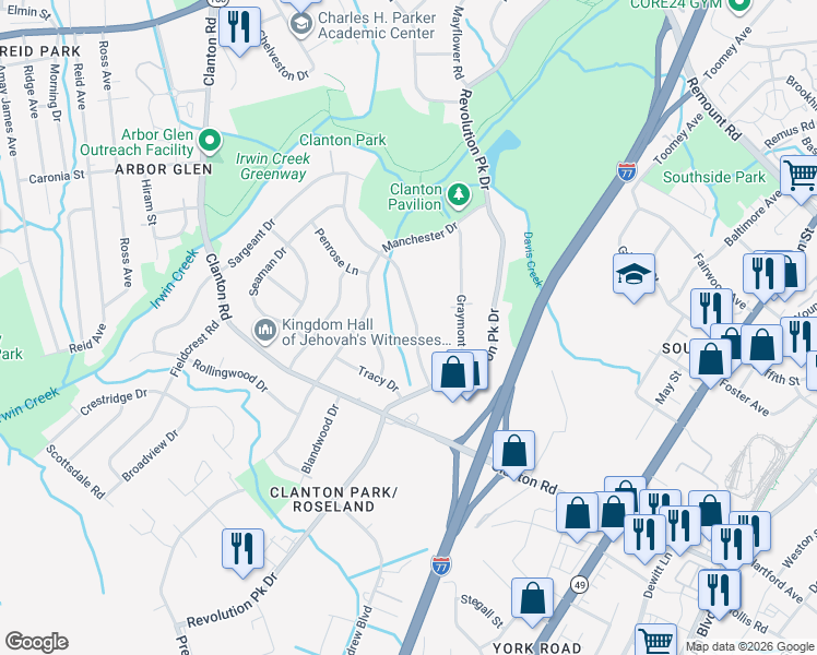 map of restaurants, bars, coffee shops, grocery stores, and more near 3332 Barfield Drive in Charlotte