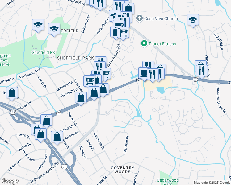map of restaurants, bars, coffee shops, grocery stores, and more near 5232 Albemarle Road in Charlotte