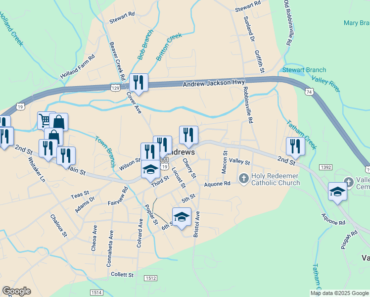 map of restaurants, bars, coffee shops, grocery stores, and more near 1101 Main Street in Andrews