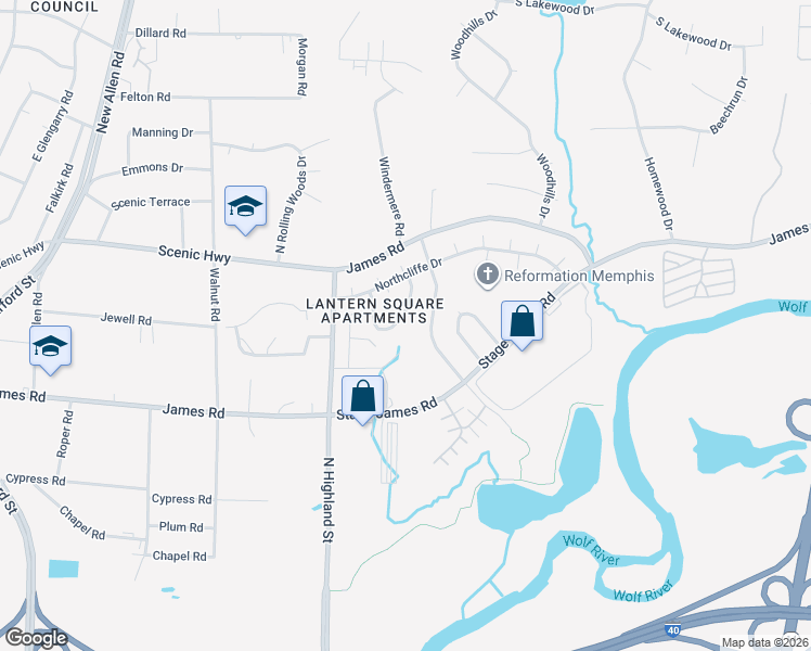 map of restaurants, bars, coffee shops, grocery stores, and more near 3643 Haughton Lane in Memphis
