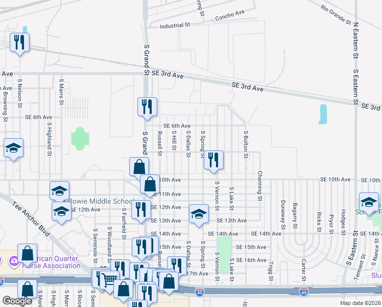 map of restaurants, bars, coffee shops, grocery stores, and more near 801 South Dallas Street in Amarillo